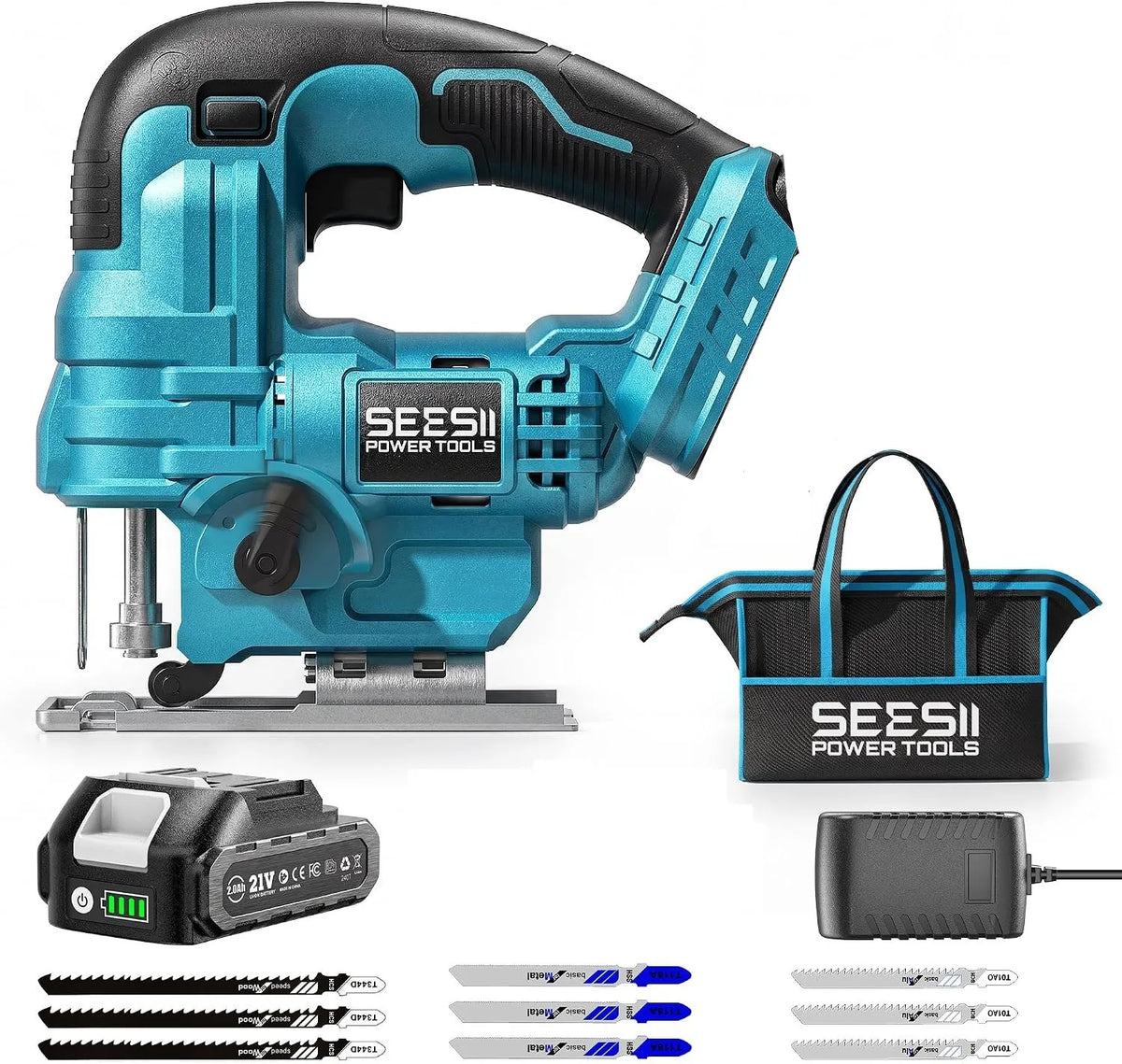 SEESII Cordless Jigsaw Tool ±45° Bevel Cuts Jig Saw 4 Orbital Multi-Function Electric Curve Saw Pipes Wood Cutting Tool