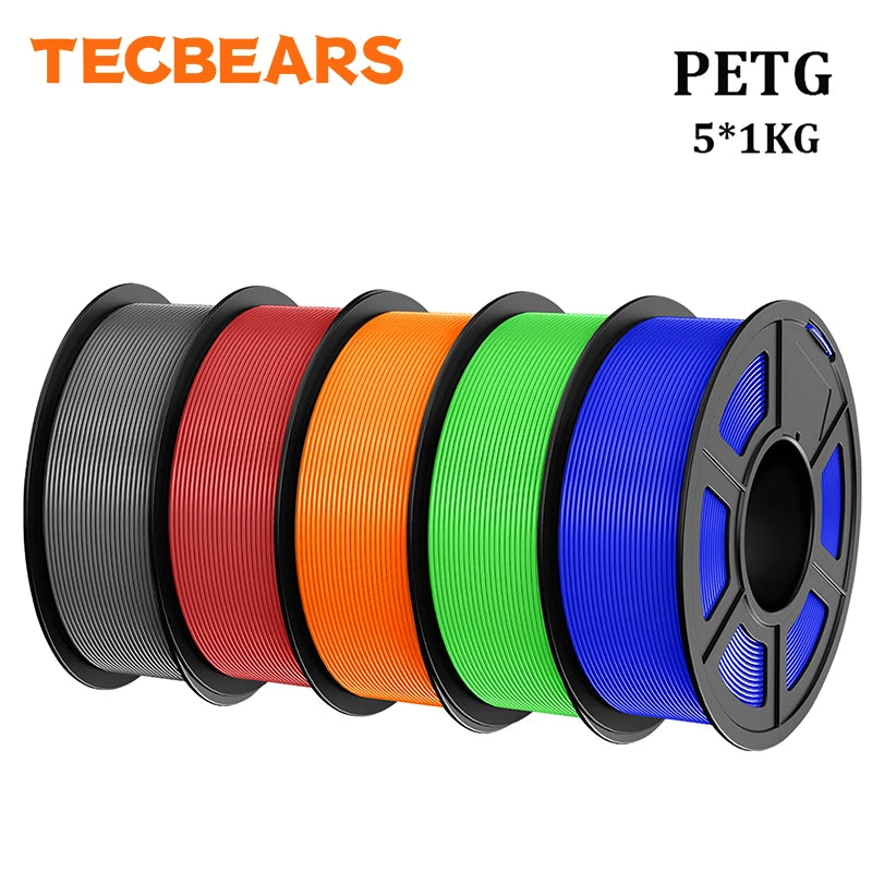 TECBEARS PETG 3D Printer Filament 1.75mm 5 Rolls 5KG Multi Color Petg Vacuum Packaging 100% No Bubble for FDM DIY Gift Material