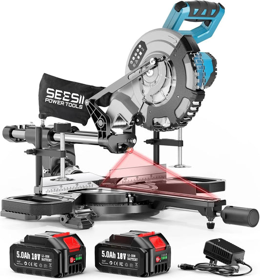 SEESII 8-Inch Sliding Compound Miter Saw Cordless Power Miter Saw with Laser Guide 2 pcs 5000 mAh Batteries Single Bevel 45° 24T TCT Blade Max Cut 2.5×12-inch Ideal for DIY & Woodworking