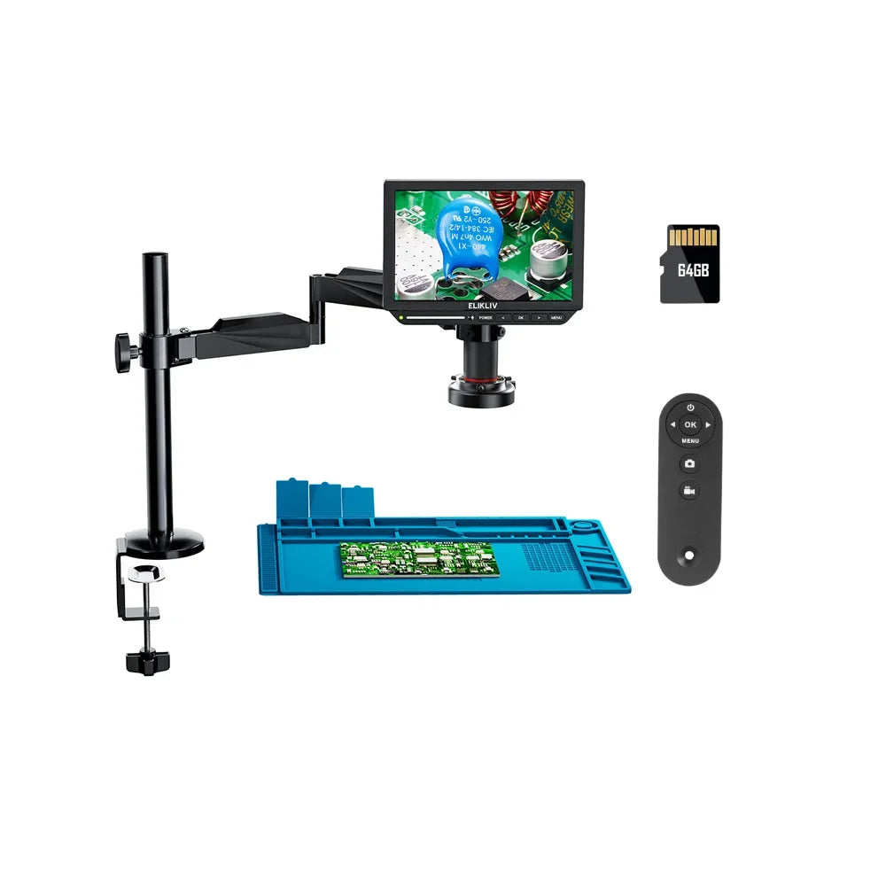 Elikliv EM4K 4K Digital Microscope for Electronics 10.1" 2000X HDMI Soldering Microscope with Boom Arm Holder Pcb Soldering