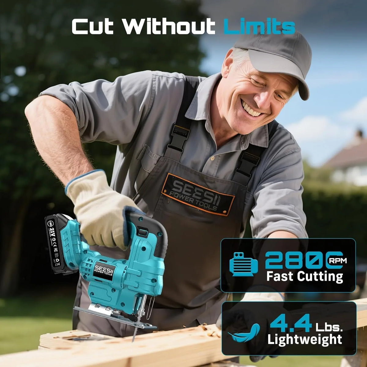 SEESII Cordless Jigsaw Tool ±45° Bevel Cuts Jig Saw 4 Orbital Multi-Function Electric Curve Saw Pipes Wood Cutting Tool