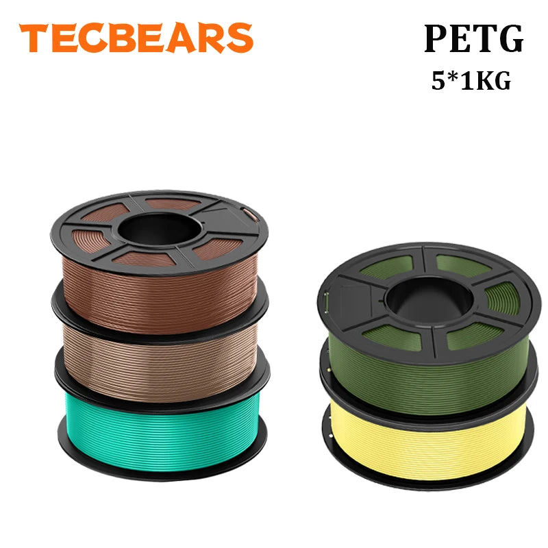 TECBEARS PETG 3D Printer Filament 1.75mm 5 Rolls 5KG Multi Color Petg Vacuum Packaging 100% No Bubble for FDM DIY Gift Material