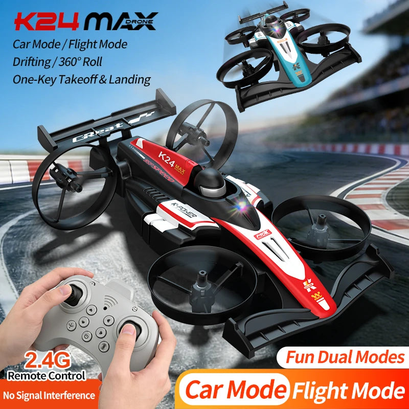 Look here! A mini car and drone combo - a dual-mode, multi-functional gift! One-button takeoff, stable hovering, racing mode, headless mode, and 360° aerial flips. The perfect Christmas gift or a fun birthday present!