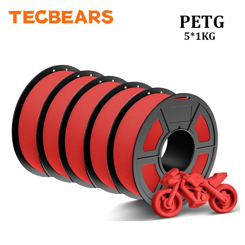 TECBEARS PETG 3D Printer Filament 1.75mm 5 Rolls 5KG Multi Color Petg Vacuum Packaging 100% No Bubble for FDM DIY Gift Material