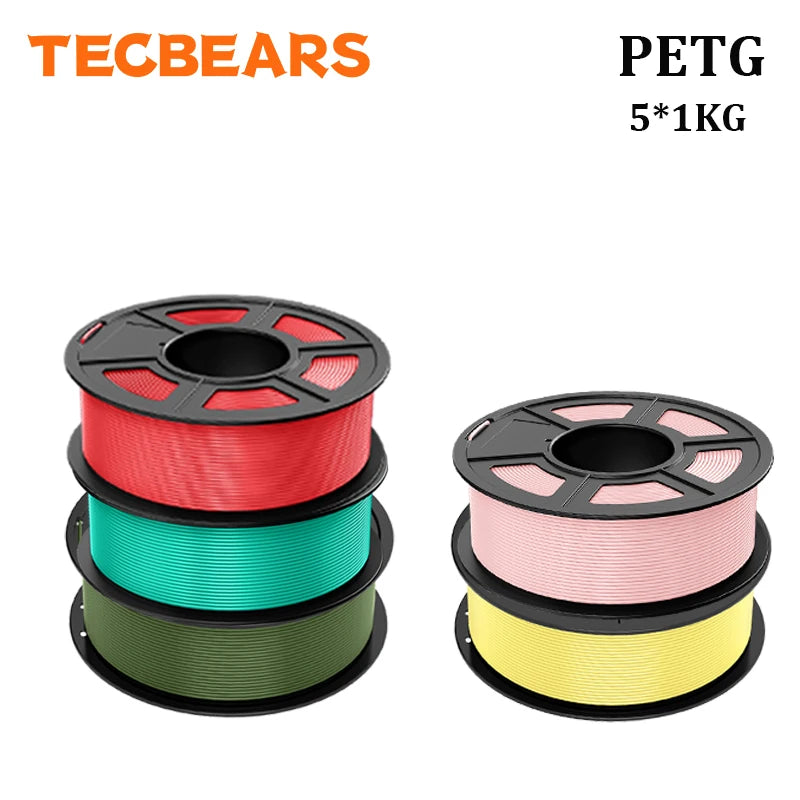 TECBEARS PETG 3D Printer Filament 1.75mm 5 Rolls 5KG Multi Color Petg Vacuum Packaging 100% No Bubble for FDM DIY Gift Material