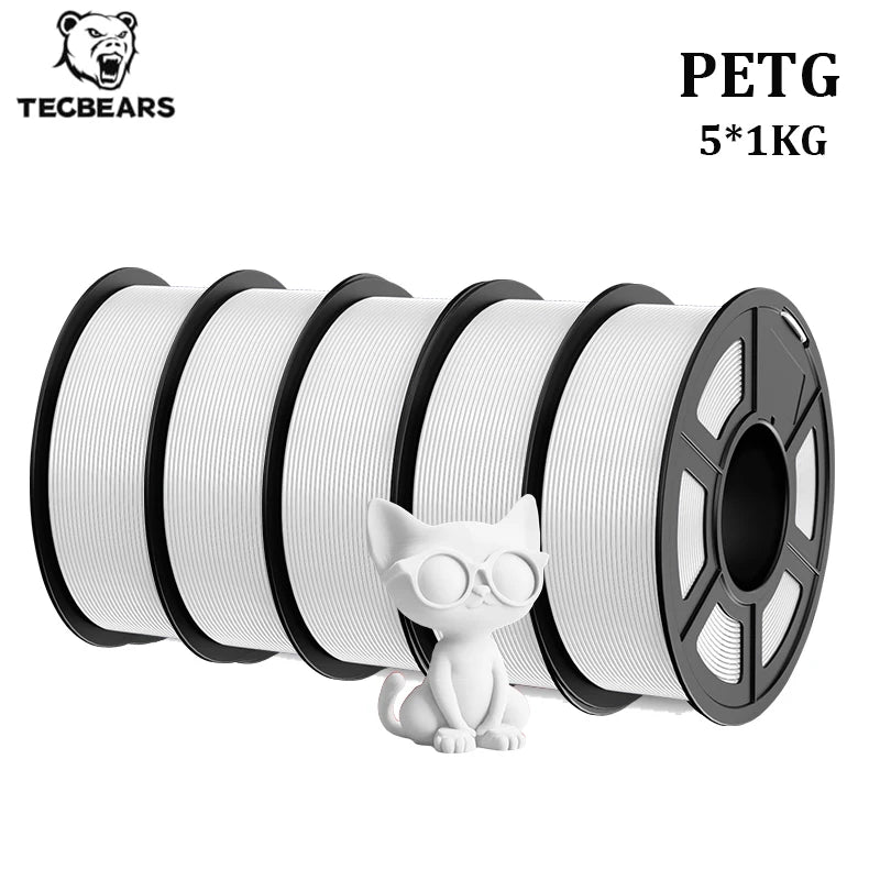 TECBEARS PETG 3D Printer Filament 1.75mm 5 Rolls 5KG Multi Color Petg Vacuum Packaging 100% No Bubble for FDM DIY Gift Material