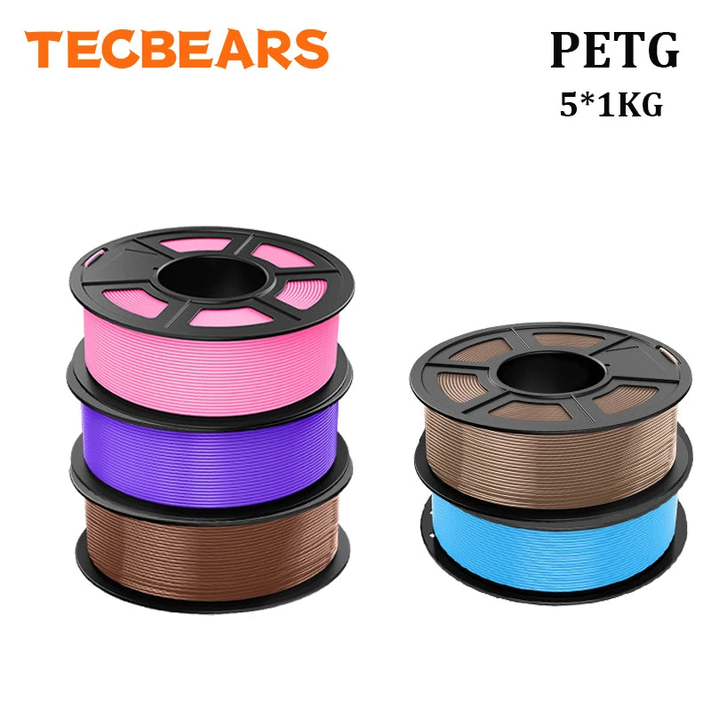 TECBEARS PETG 3D Printer Filament 1.75mm 5 Rolls 5KG Multi Color Petg Vacuum Packaging 100% No Bubble for FDM DIY Gift Material