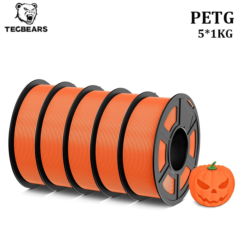 TECBEARS PETG 3D Printer Filament 1.75mm 5 Rolls 5KG Multi Color Petg Vacuum Packaging 100% No Bubble for FDM DIY Gift Material